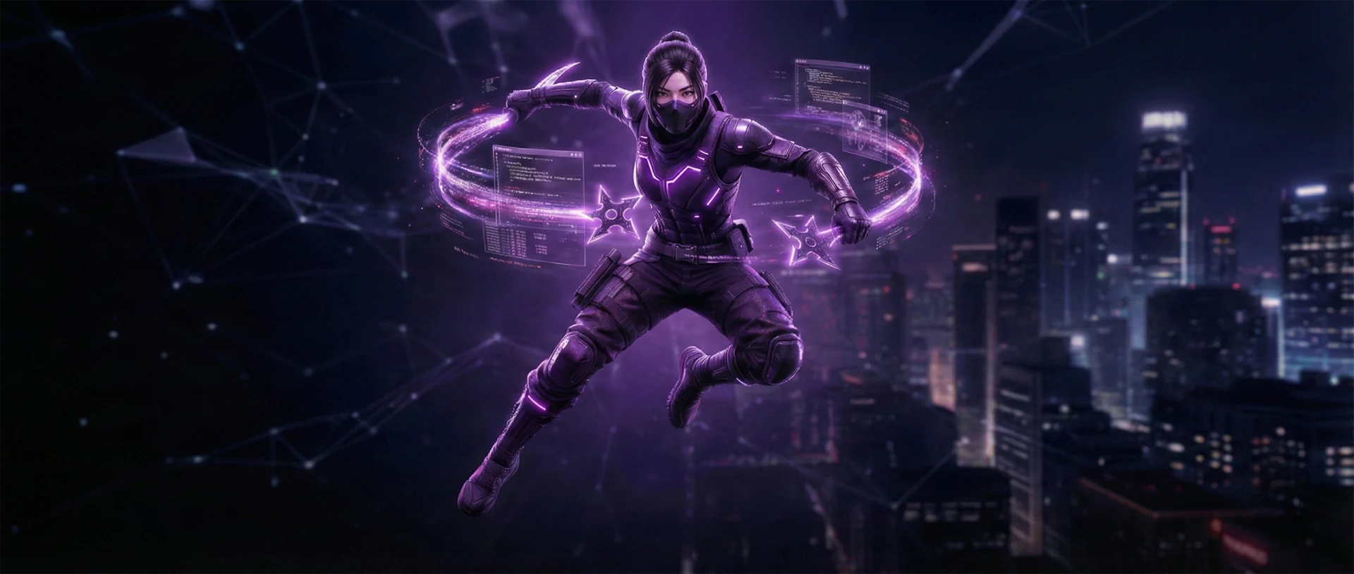 夜の近未来都市の空中で、紫の光とホログラムを纏う黒装束の女性忍者が両手に武器を構え跳躍している。