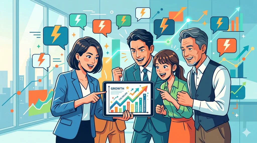 オフィスで男女4人がタブレットの右肩上がりの成長グラフを指差し、笑顔で業績アップを喜んでいる。
