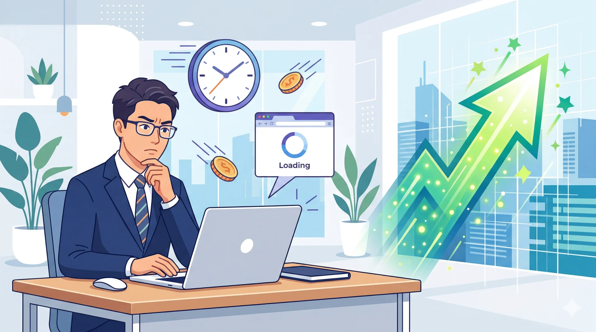 オフィスのデスクで読み込み中のパソコン画面を前に、時計と落ちるコインを背景に悩むビジネスマン。
