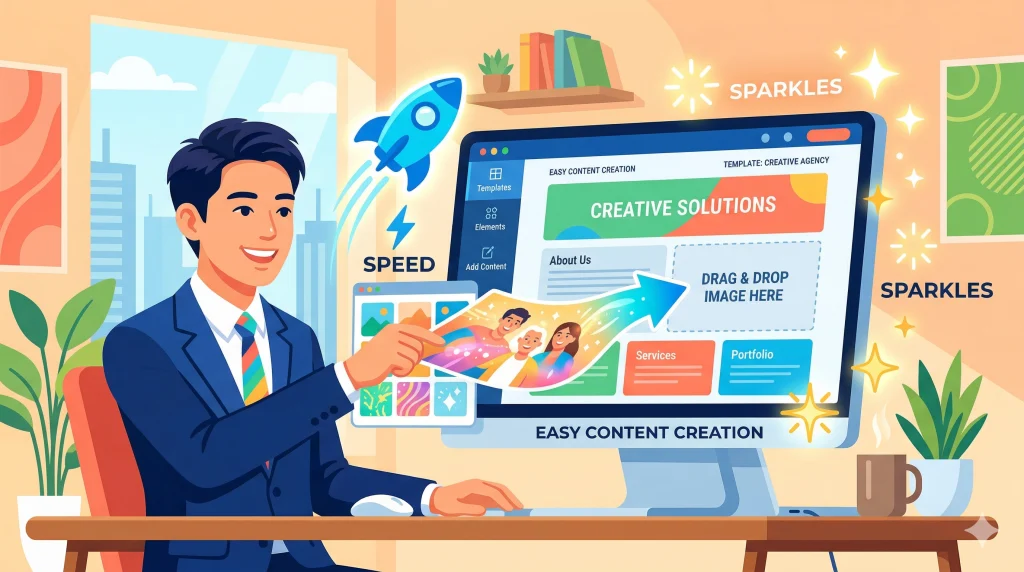 オフィスでスーツ姿の男性がパソコン画面のツールに画像をドラッグし、笑顔でサイトを作成している。