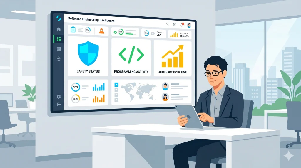 巨大なデータダッシュボードが壁に映るオフィスで、スーツ姿の男性がデスクでタブレットを操作している。