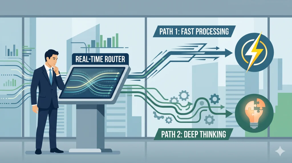 スーツの男性が、高速処理と深い思考の2ルートに分岐するリアルタイムルーターの画面を見て熟考している。