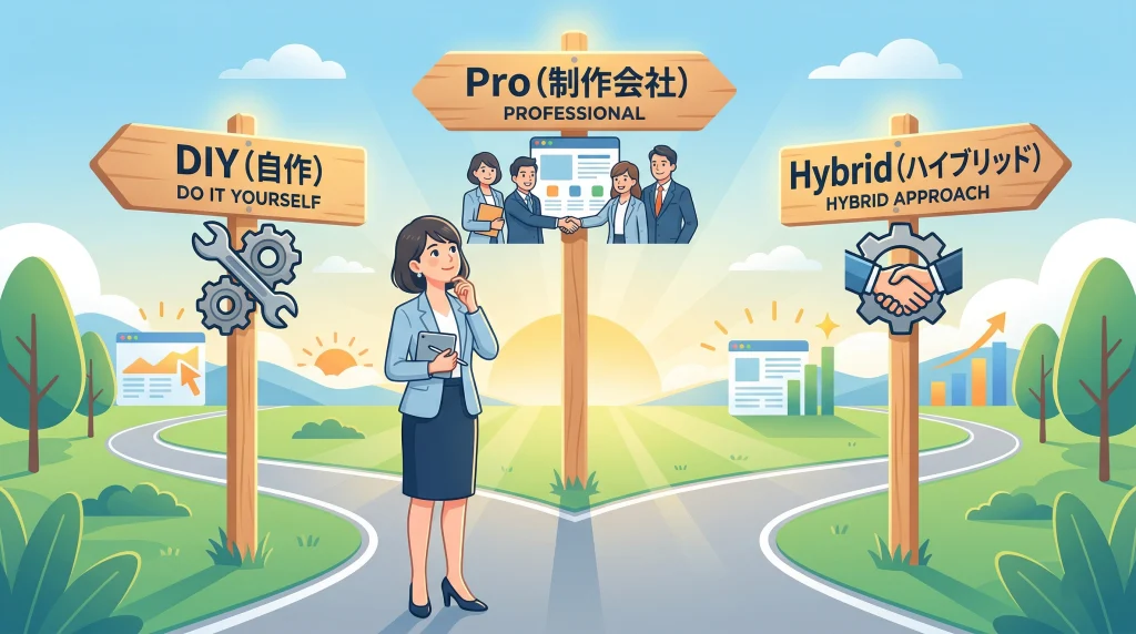 「DIY」「制作会社」「ハイブリッド」という3つの道しるべの前で、どれを選ぶか思案するスーツ姿の女性。