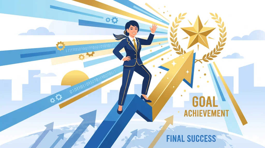 上昇するグラフに立つスーツ姿の女性が、輝く星へ手を挙げてビジネスの目標達成と成功を喜んでいる。