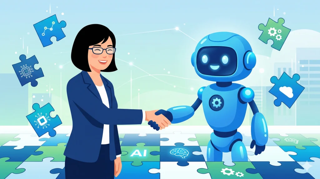 ITを示すパズルが舞うデジタル空間で、スーツ姿の女性と青いAIロボットが笑顔で握手をしている。