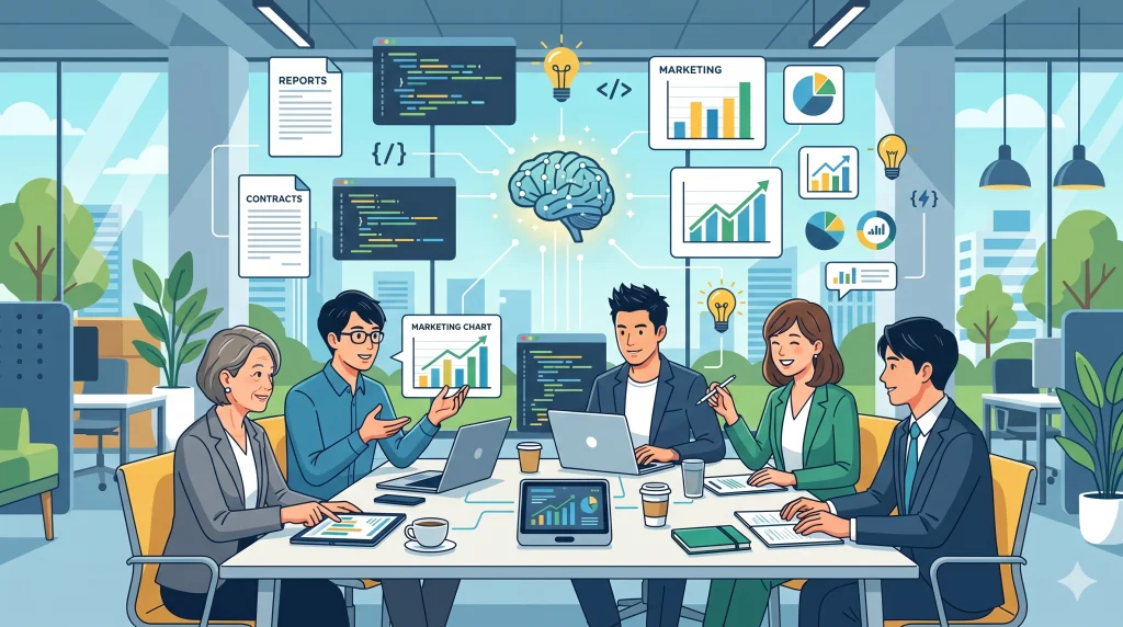 オフィスで5人の男女が、AIの脳やデータグラフのアイコンを背景にパソコンを使って笑顔で会議をしている。