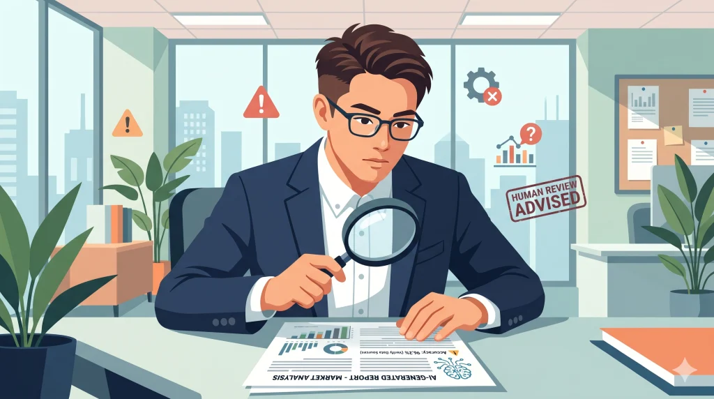 オフィスで眼鏡の男性が虫眼鏡を手に持ち、机の上のAI生成レポートを真剣な表情でチェックしている。