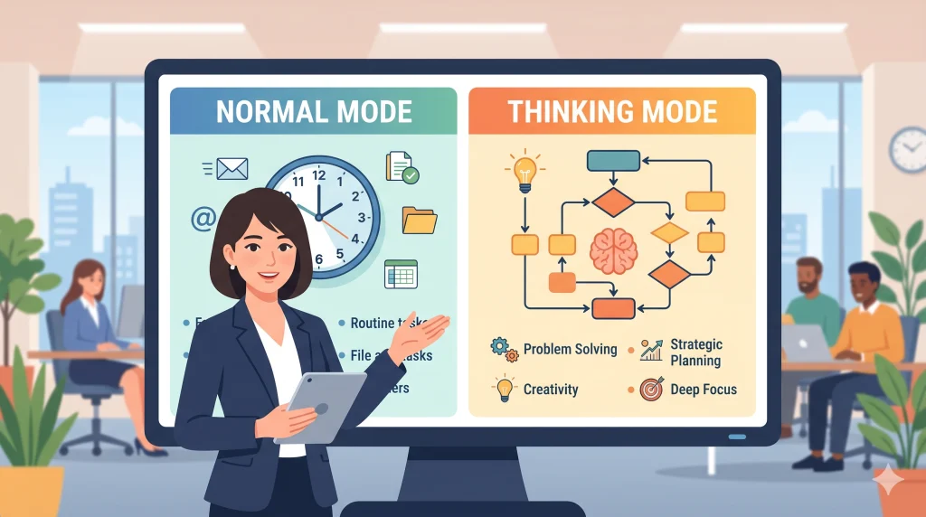 オフィスでスーツ姿の女性が、ノーマルモードとシンキングモードの違いを大型モニターでプレゼンしている。