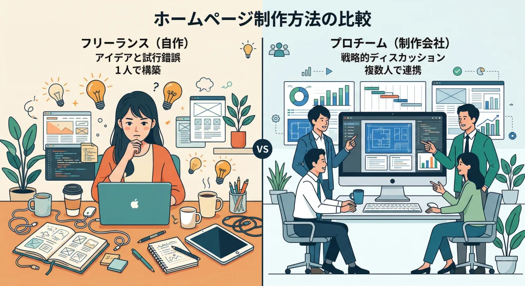 デスクで1人悩むホームページ自作と、大きなモニターを見ながら複数人で連携するプロチーム制作の比較。
