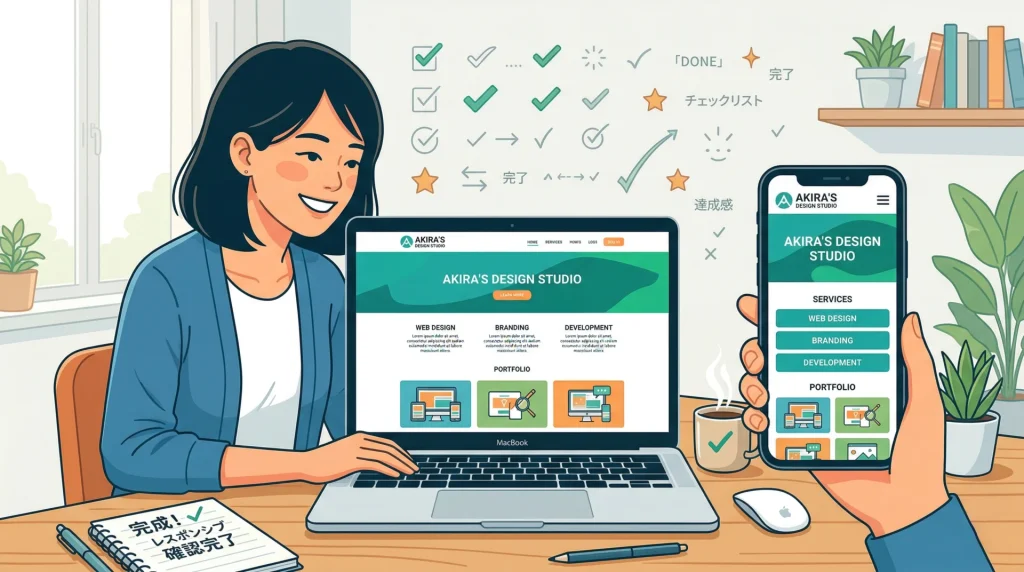 デスクでノートパソコンとスマホを使い、Webサイトのレスポンシブ表示確認を完了して微笑む女性。