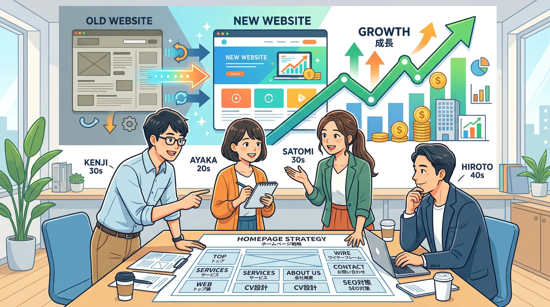 オフィスで4人の男女がサイト刷新と成長のグラフを背景に、ホームページ戦略図を囲んで会議している。
