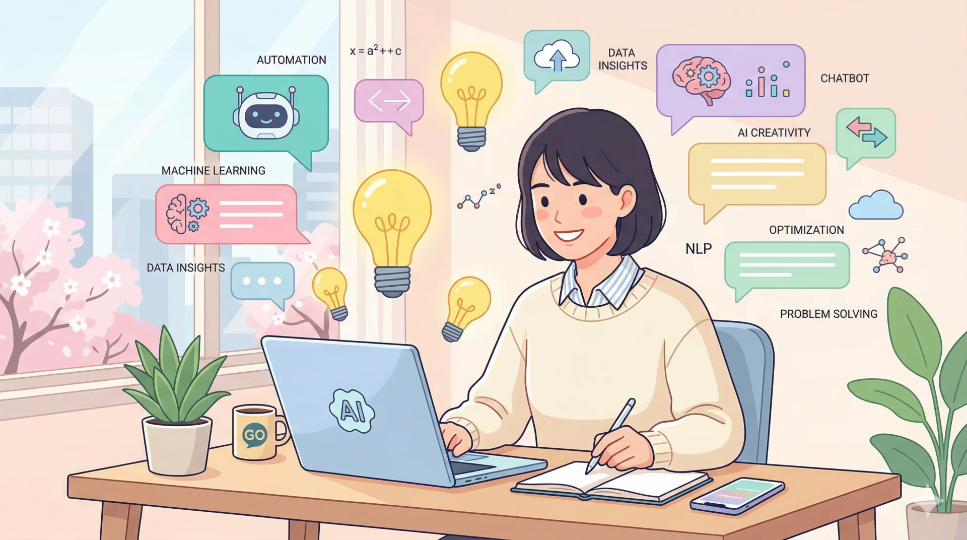 桜咲く窓辺で、AI関連のアイデアを頭上に浮かべた女性がパソコンに向かいノートに書き込んでいる。