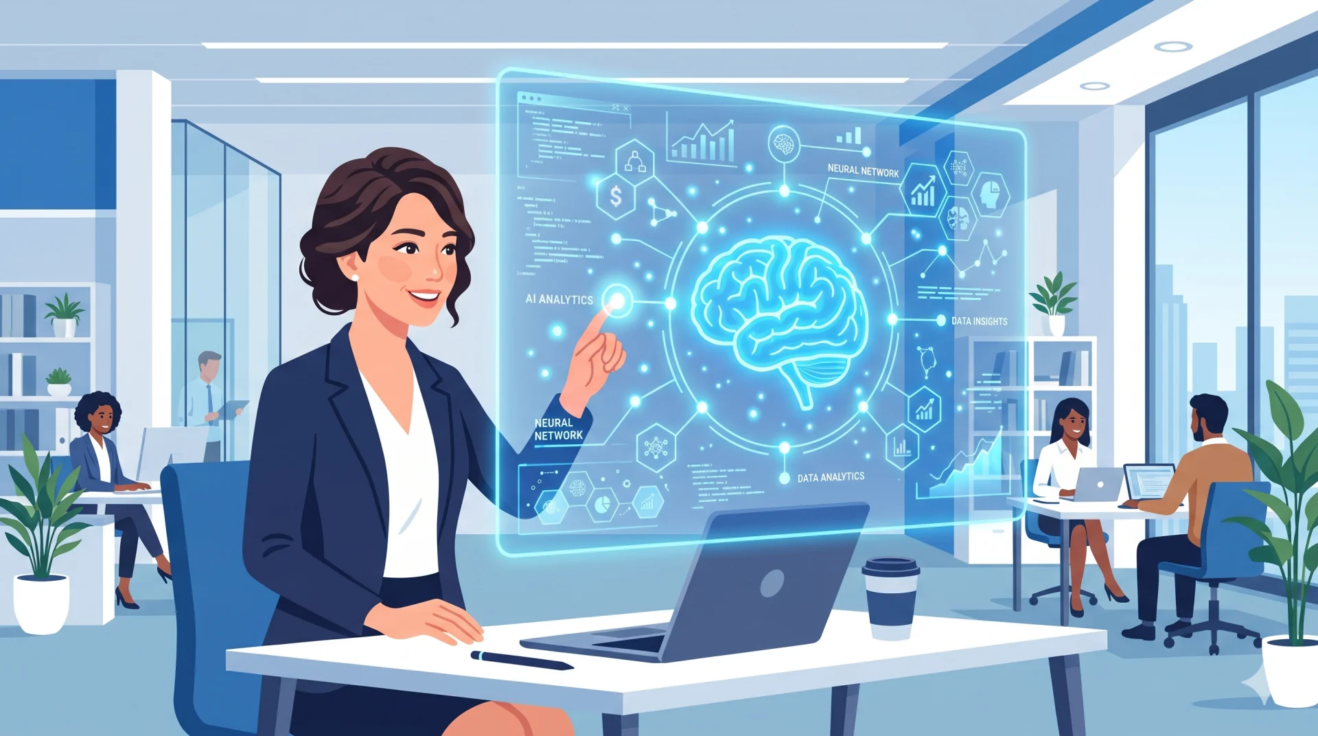 オフィスでスーツ姿の女性が、脳のイラストやデータが浮かぶ青いAIホログラム画面を指で操作している。