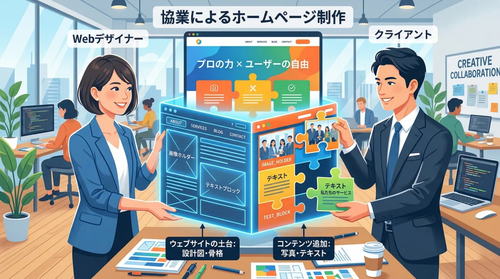 Webデザイナーとクライアントがサイトの骨格にコンテンツのパズルをはめ込み協業でホームページを制作する。