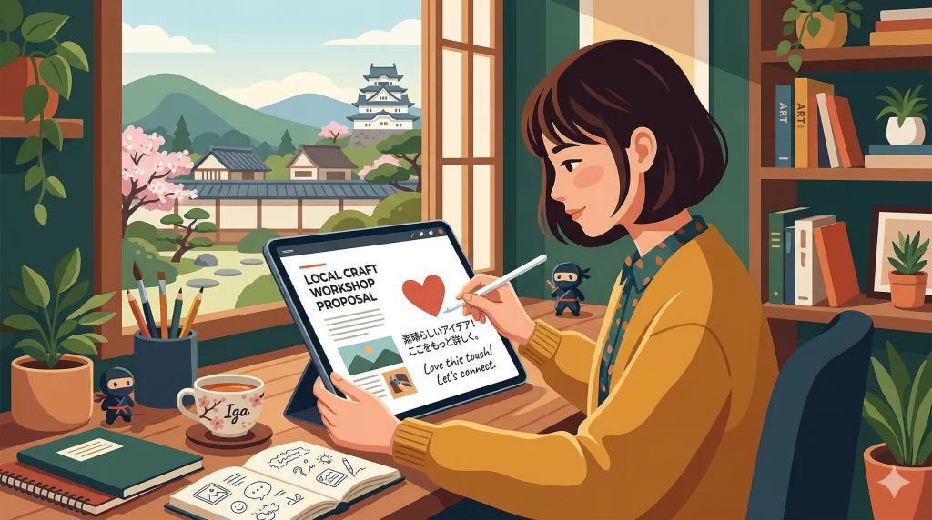 城と桜が見える窓辺の机で、女性がタブレットを使ってクラフトワークショップの企画書を作成している。
