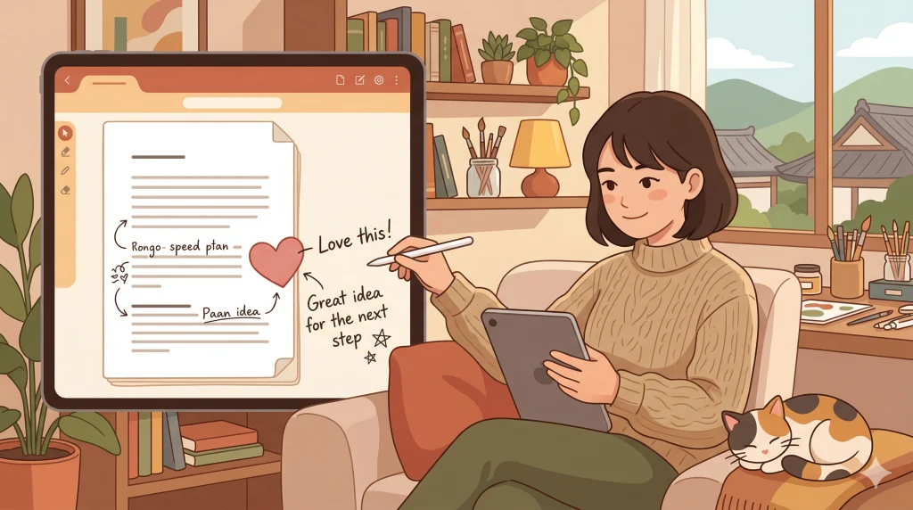 猫が眠るソファで、女性がタブレットの文書画面にタッチペンで手書きメモやハートマークを書き込んでいる。