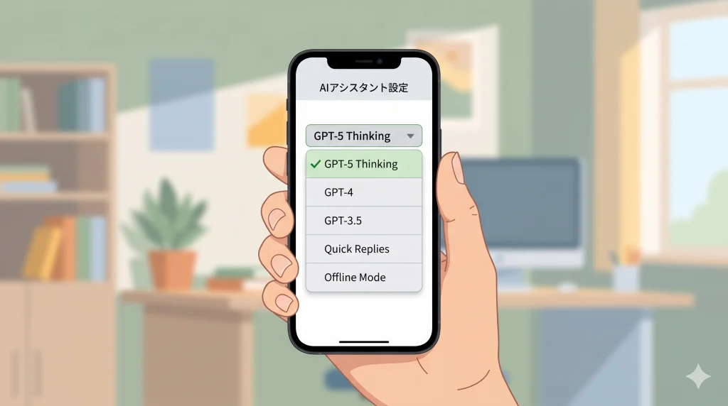 部屋の中で、スマホのAIアシスタント設定からGPT-5 Thinkingを選択している手元。