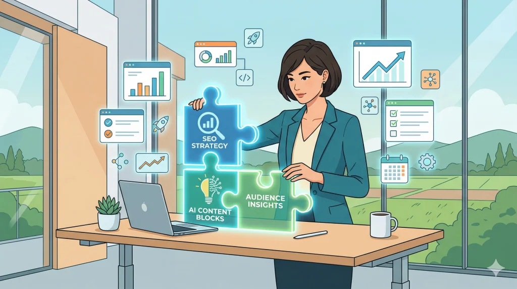 スーツを着た女性がオフィスで、SEO戦略やAIコンテンツと書かれた光るパズルを組み立てている。