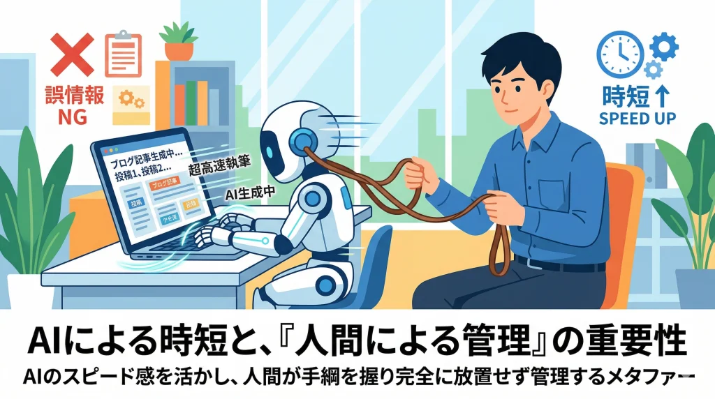 青いシャツの男性が手綱を握って管理し、AIロボットがパソコンでブログ記事を超高速で生成している。