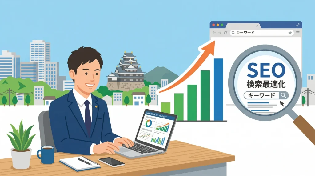 城とビル群を背景に、スーツ姿の男性がパソコンでSEO検索最適化の上昇グラフを見て笑顔で作業している
