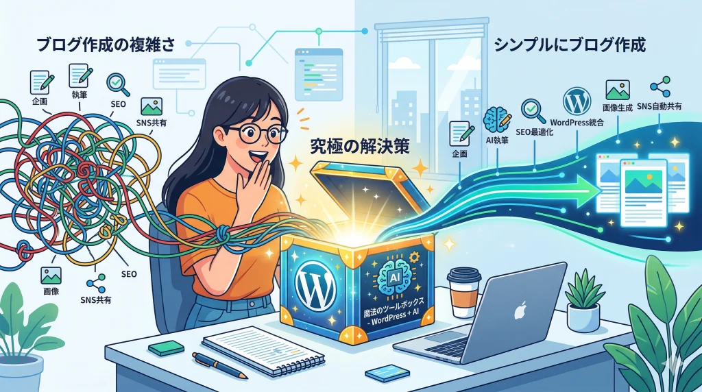 デスクに座る女性が複雑なブログ作成をAIとWordPressの光るツール箱でシンプルに解決し喜ぶ
