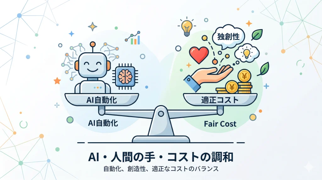 天秤の左にAI自動化のロボット、右に独創性を持つ人間の手と適正コストが乗り、三者が釣り合い調和する。