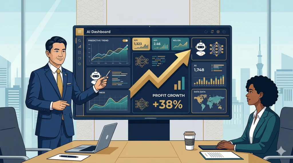 会議室でスーツの男性が、右肩上がりのグラフが映るAIダッシュボードを指して女性にプレゼンしている。