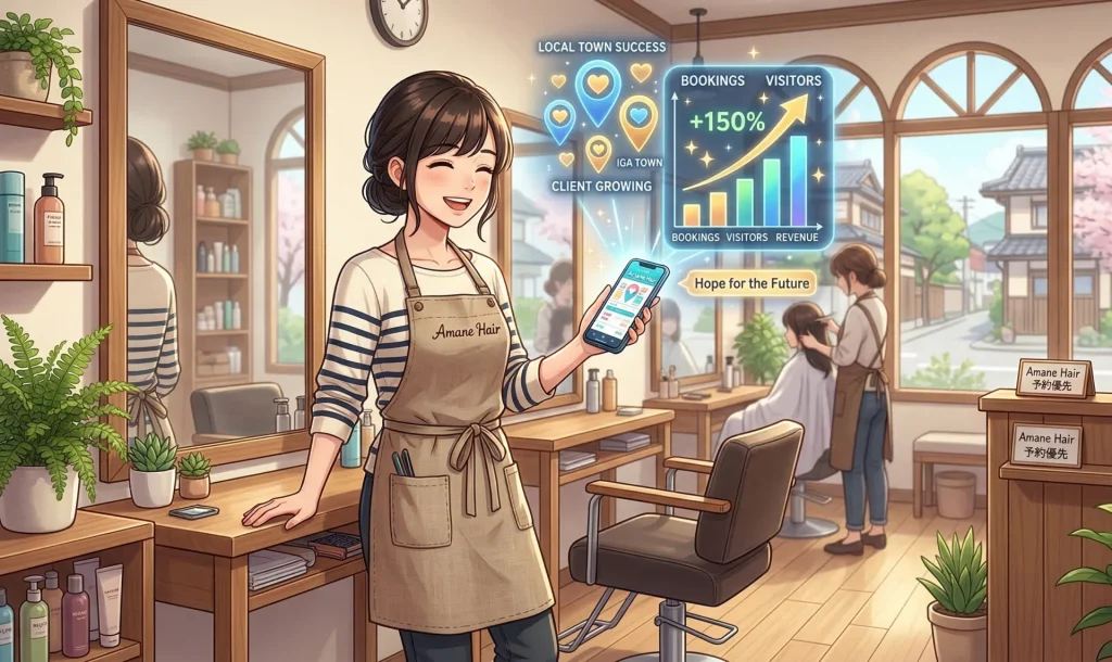 美容室でエプロン姿の女性がスマホを持ち、空中に浮かぶ予約150%増のグラフを見て笑顔で喜んでいる。