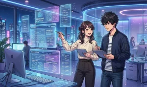 夜景が見えるオフィスで、男女が空中に浮かぶホログラムのUI画面をペンで指し示して議論している。