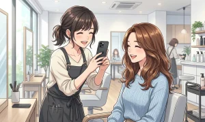 美容室でエプロン姿の美容師が、椅子に座る笑顔のウェーブヘアの女性客をスマートフォンで撮影している。
