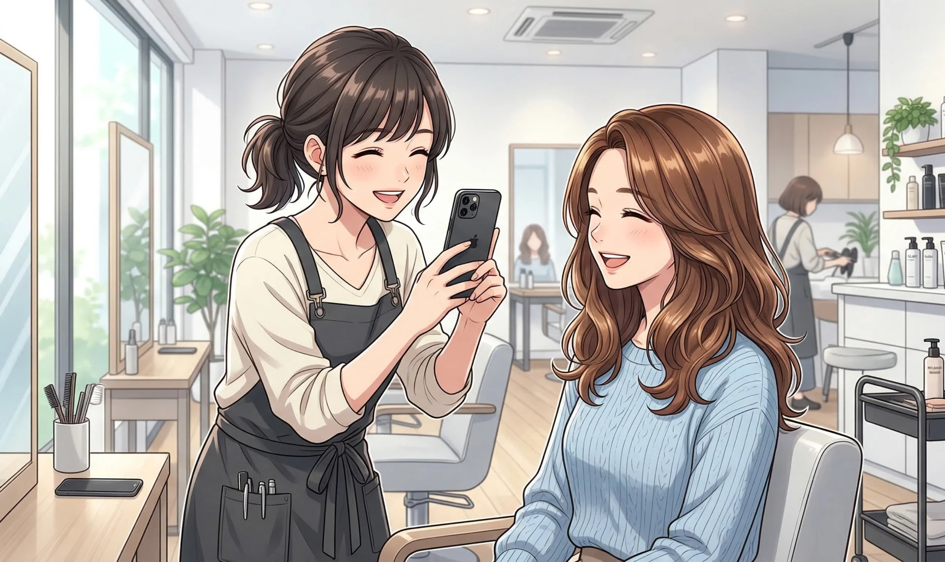 美容室でエプロン姿の美容師が、椅子に座る笑顔のウェーブヘアの女性客をスマートフォンで撮影している。