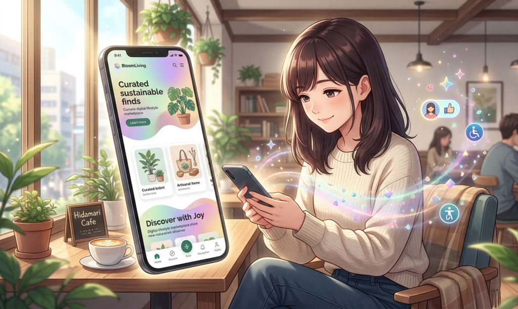 スマホアプリでエコを楽しむ女性