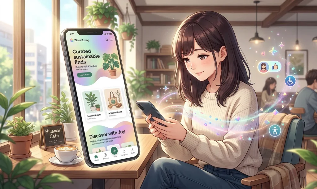 カフェで若い女性が笑顔でスマホを操作し、サステナブルアプリの画面と光るアイコンが宙に浮かんでいる。