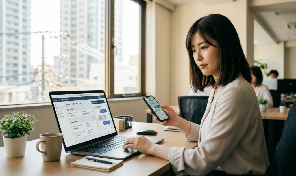 明るいオフィスで、女性がスマートフォンを片手にノートパソコンのAIチャット画面を操作している。