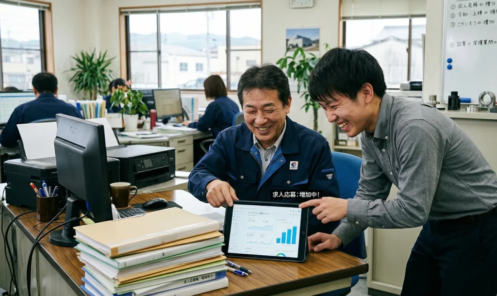 オフィスで作業着の男性と若い男性が、タブレットの求人応募増加を示すグラフを笑顔で指差し確認している。