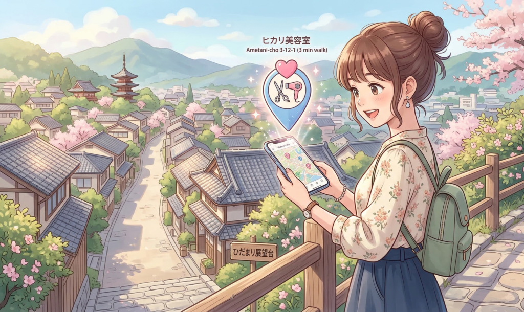 桜と古都で美容室を探す女性