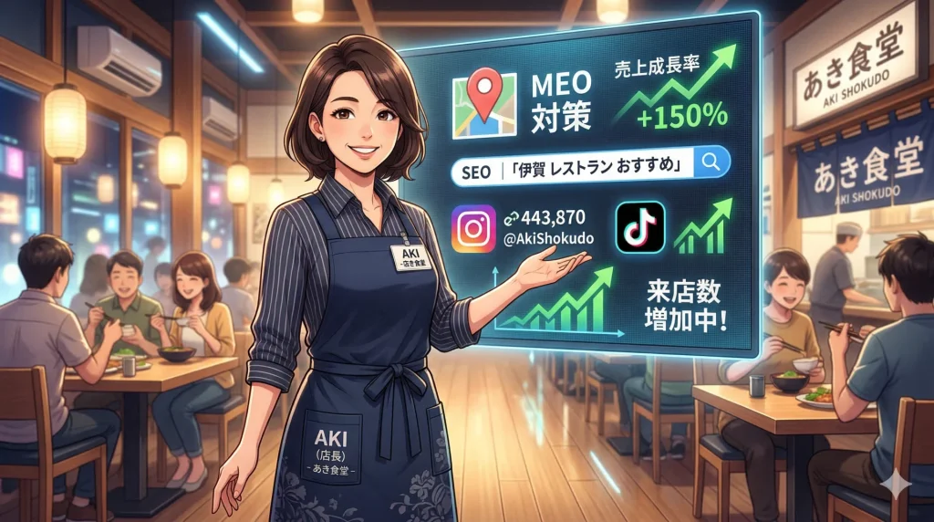 満席の食堂で女性店長がMEO対策やSEOによる売上増加を示すデジタルパネルを笑顔で案内している。