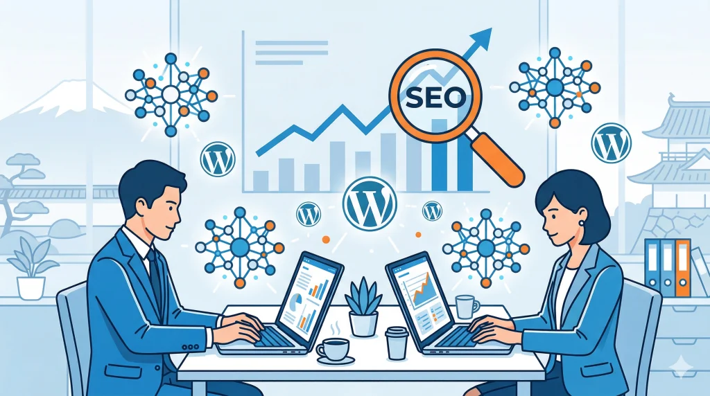 右肩上がりのグラフを背景に、スーツの男女が向かい合いパソコンでWordPressのSEO分析をしている。