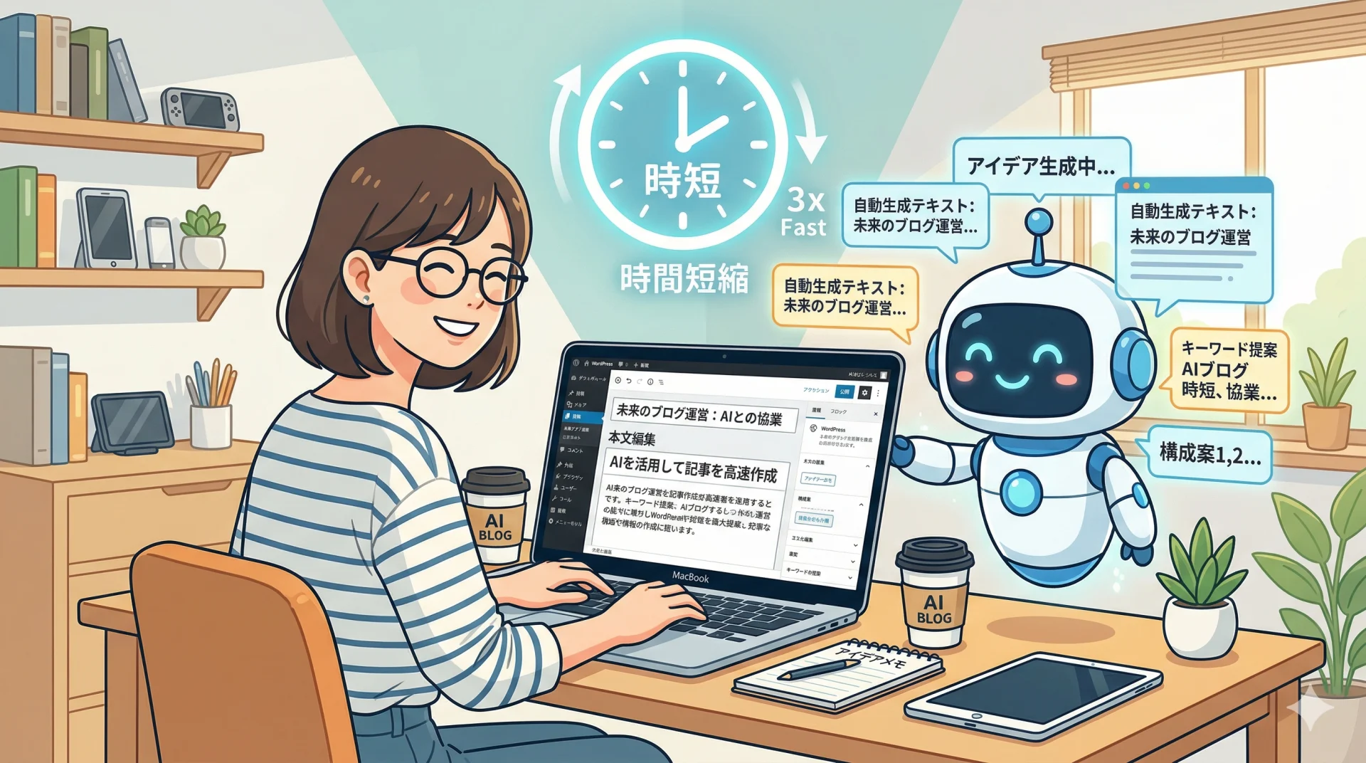 デスクでノートパソコンに向かい、AIロボットの提案を活用してブログ記事を時短作成する笑顔の女性。