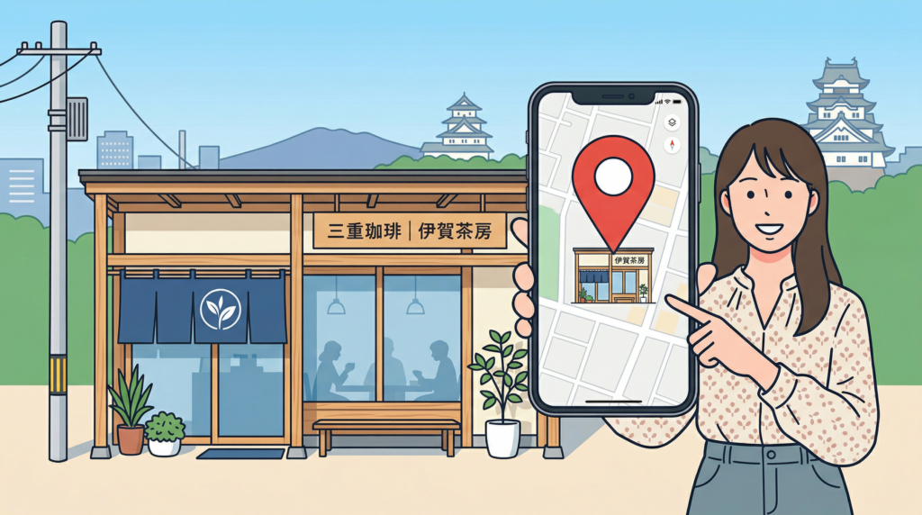 地図アプリでカフェを示す女性
