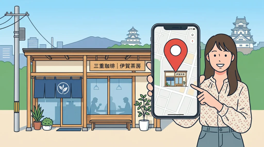 城が見える和風カフェ「伊賀茶房」の前で、笑顔の女性がスマホの地図アプリの赤いピンを指差している。