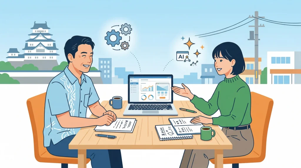 城の見える街を背景に、女性がパソコンのグラフとAI機能を示しながら男性に業務改善の提案をしている。