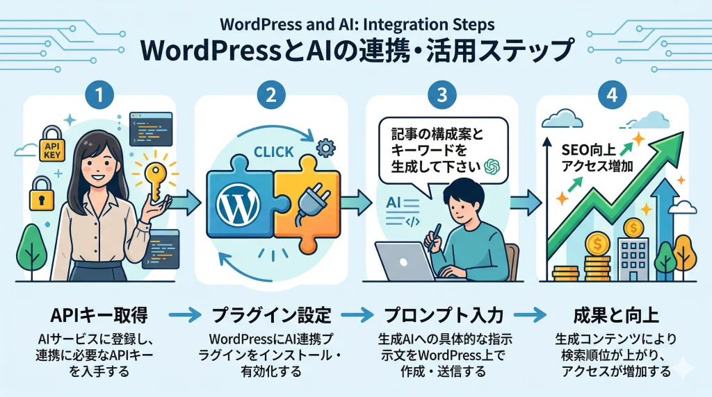 WordPressとAIを連携し、API取得からプロンプト入力でSEO向上を実現する4つのステップ。