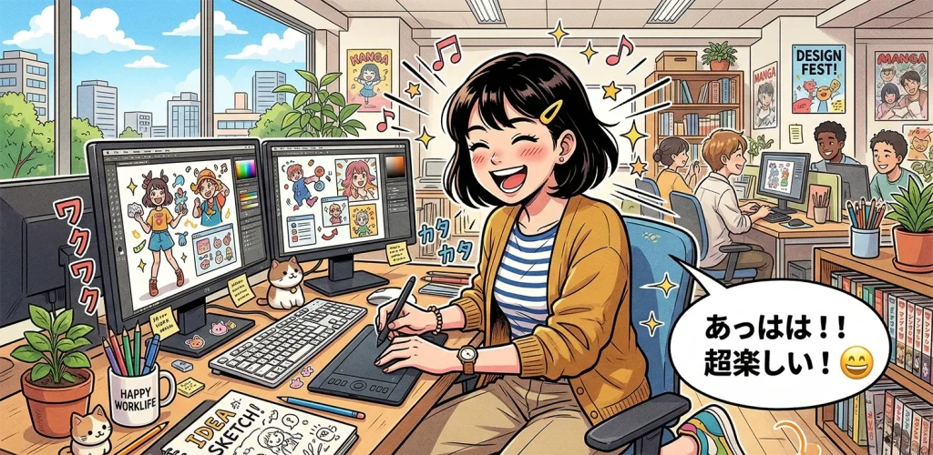 同僚が働くオフィスで女性イラストレーターがペンタブレットを使い満面の笑みで楽しく絵を描いています。
