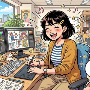 オフィスのデスクで、笑顔の女性がペンタブレットを使い楽しそうにデジタルイラストを描いている。