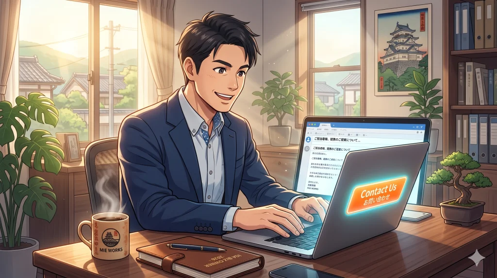 朝日が差し込む部屋で、スーツ姿の男性が笑顔でノートパソコンに向かいタイピングをしている。