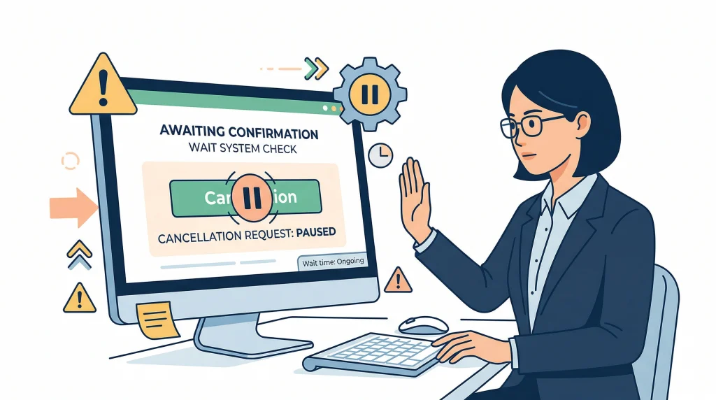 キャンセル処理の確認待ちで一時停止中のパソコン画面の前で、片手を挙げて待機するスーツ姿の女性。