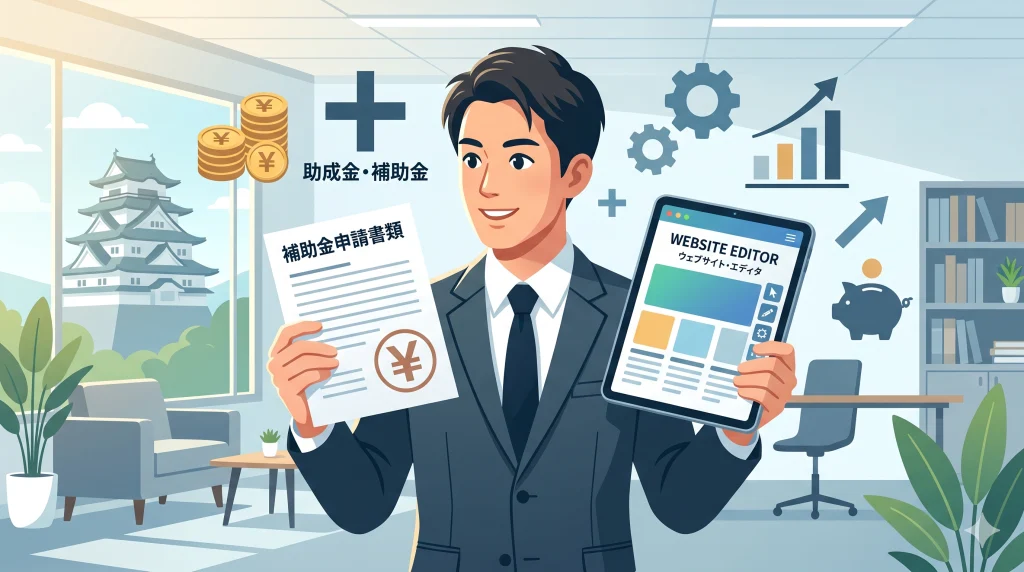 オフィスでスーツ姿の男性が補助金申請書類とウェブサイト編集画面のタブレットを両手に持ち微笑んでいる