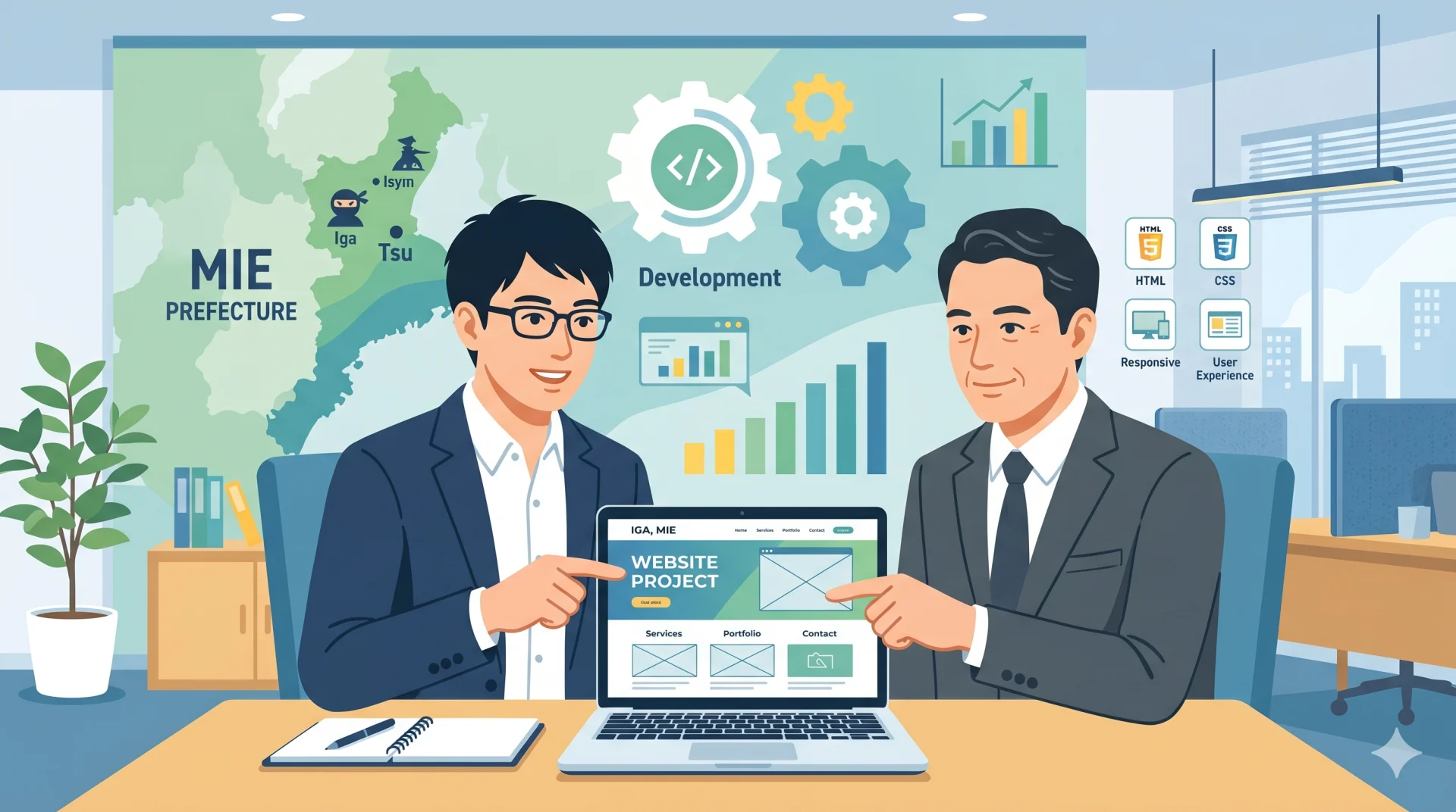 オフィスで2人の男性がパソコンのWebサイト設計図を指差し、三重県のWeb開発を打ち合わせている。