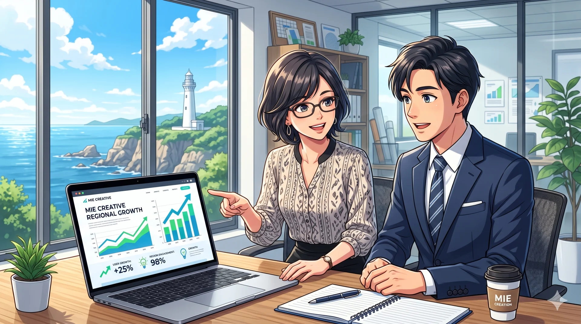 海と灯台が見えるオフィスで、右肩上がりの成長グラフが映るパソコンを指差し笑顔で打ち合わせる男女。